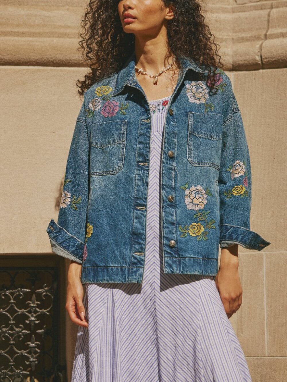 Free People Blue Denim Jean Jacket with Embroidered Floral Motif - Picture 6 of 9